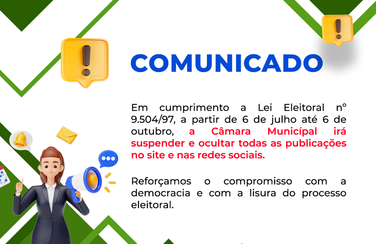 Câmara de Abreulandia se adequa às normas eleitorais e suspende as publicações no site institucional e redes sociais durante período eleitoral